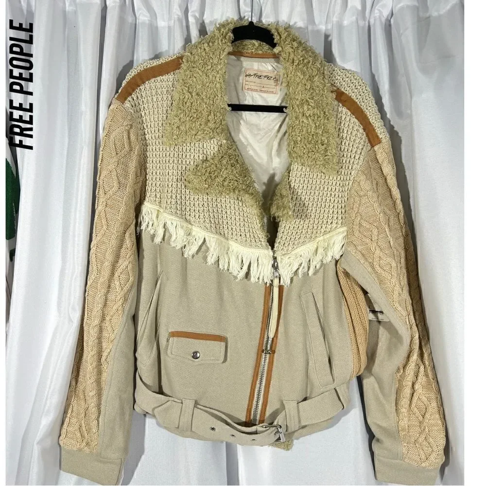 FREE PEOPLE COZY KNIT MIX MOTO JACKET NWT SIZE LARGE CREAM TAN